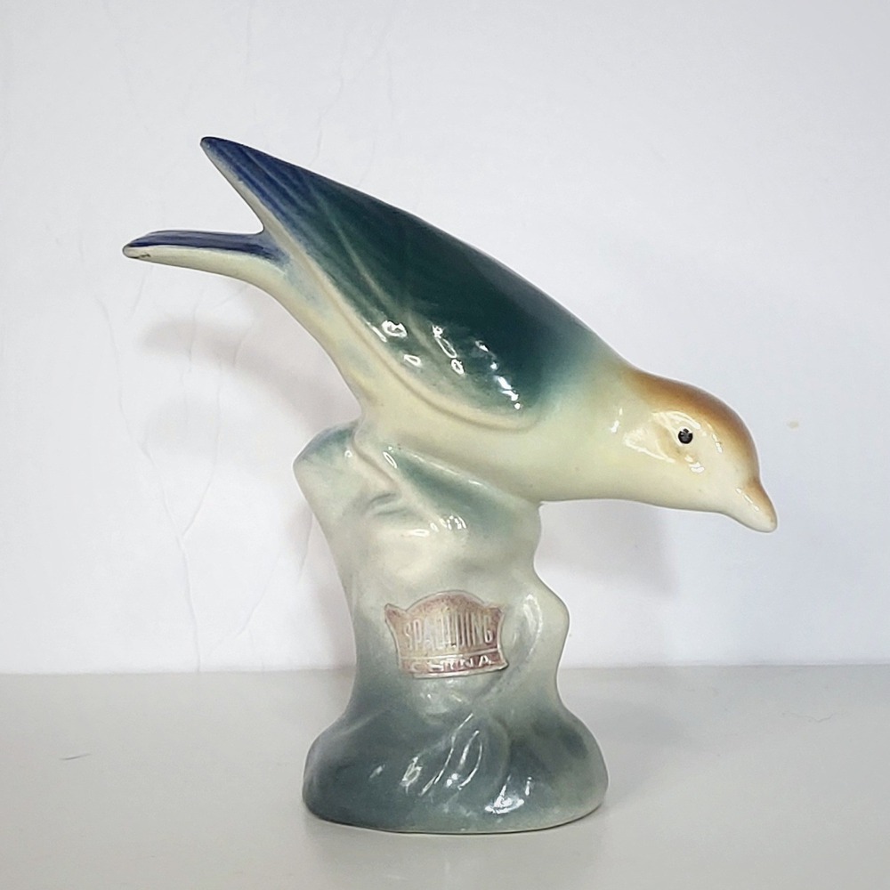 Spaulding China Vintage Bird Figurine Blue Green Glazed Porcelain Mid Century 5"